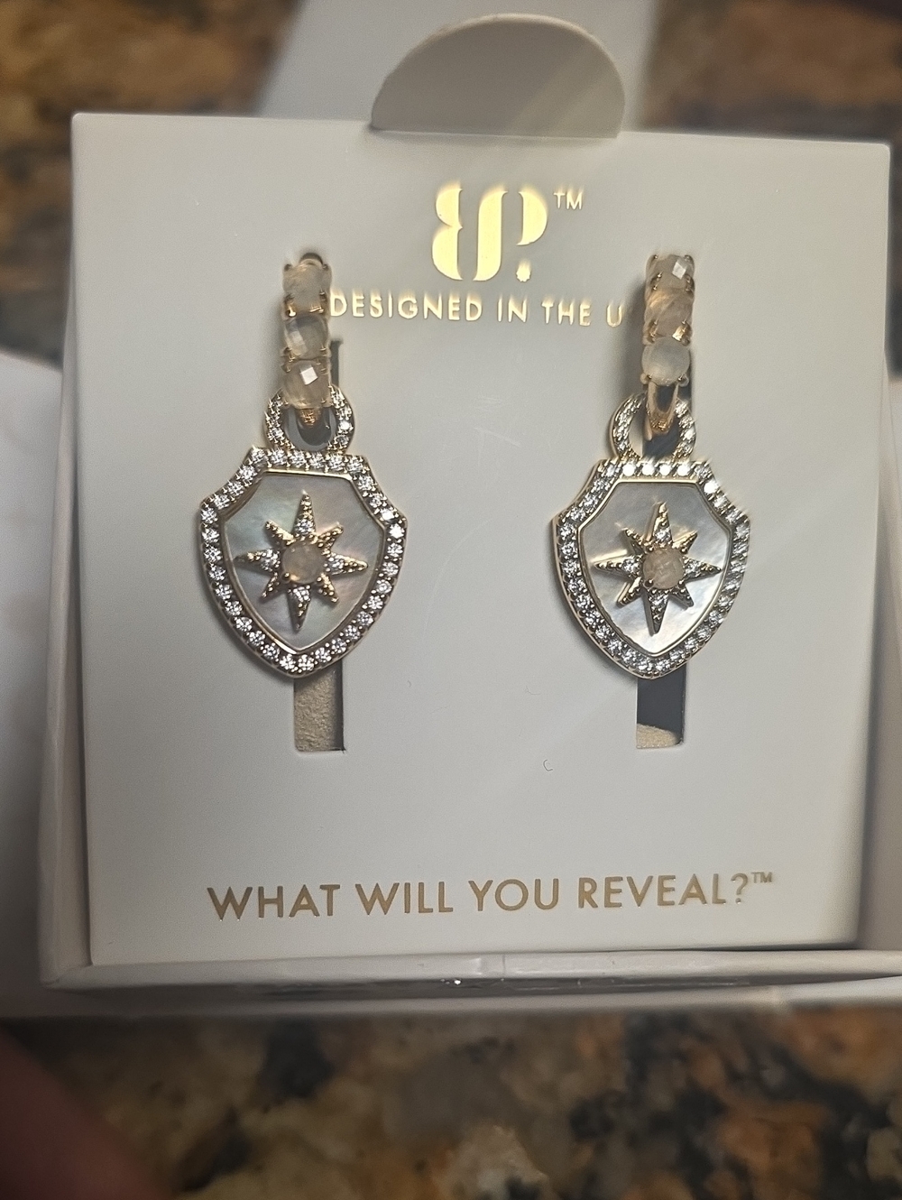 BP Gold-Tone Compass Shield Drop Earrings with White Inlay